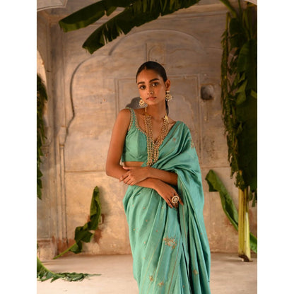 DEEPTHEE Powder Blue Hand Embroidered Saree with Stitched Blouse