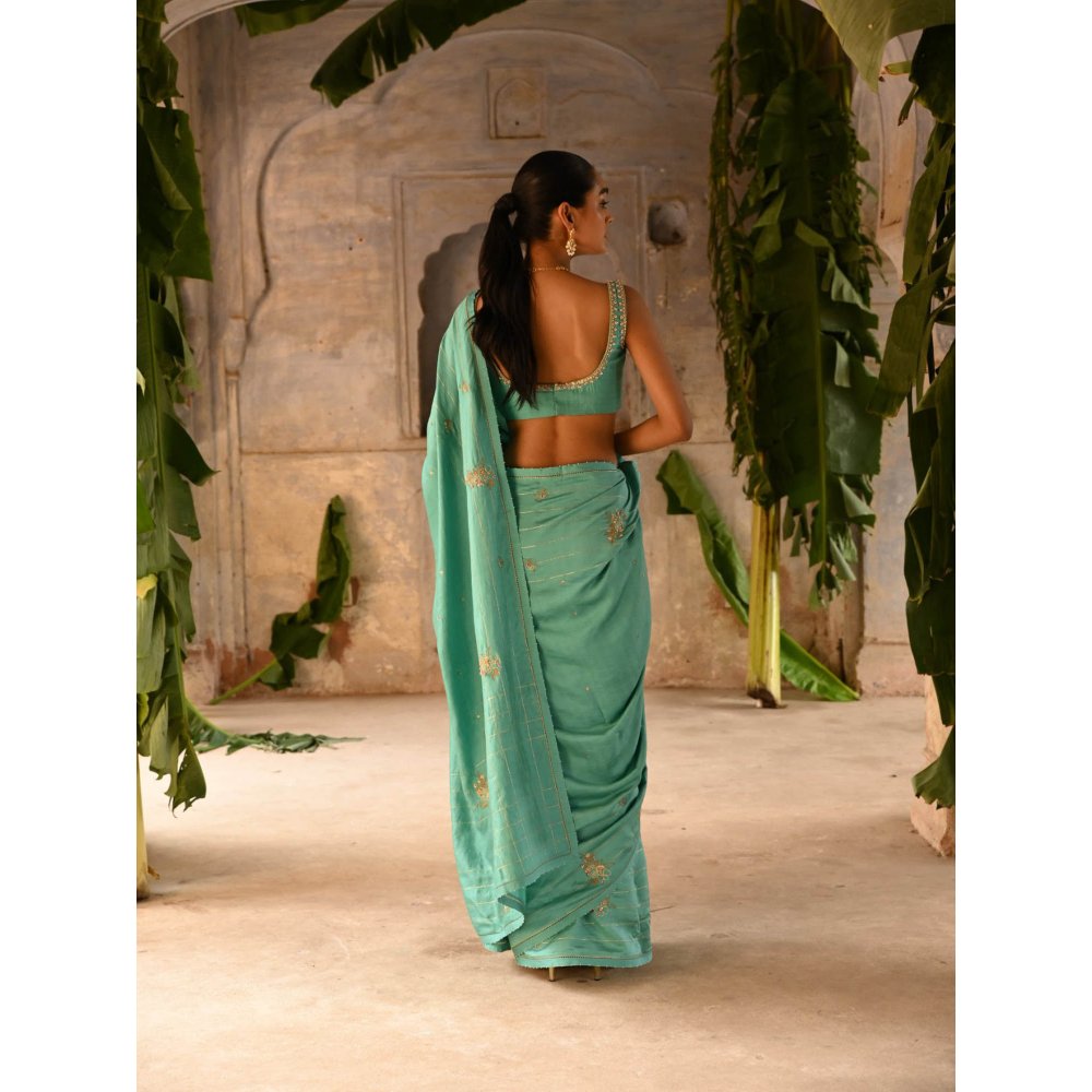 DEEPTHEE Powder Blue Hand Embroidered Saree with Stitched Blouse