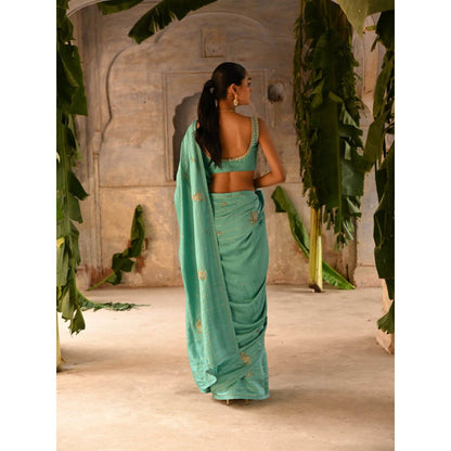 DEEPTHEE Powder Blue Hand Embroidered Saree with Stitched Blouse