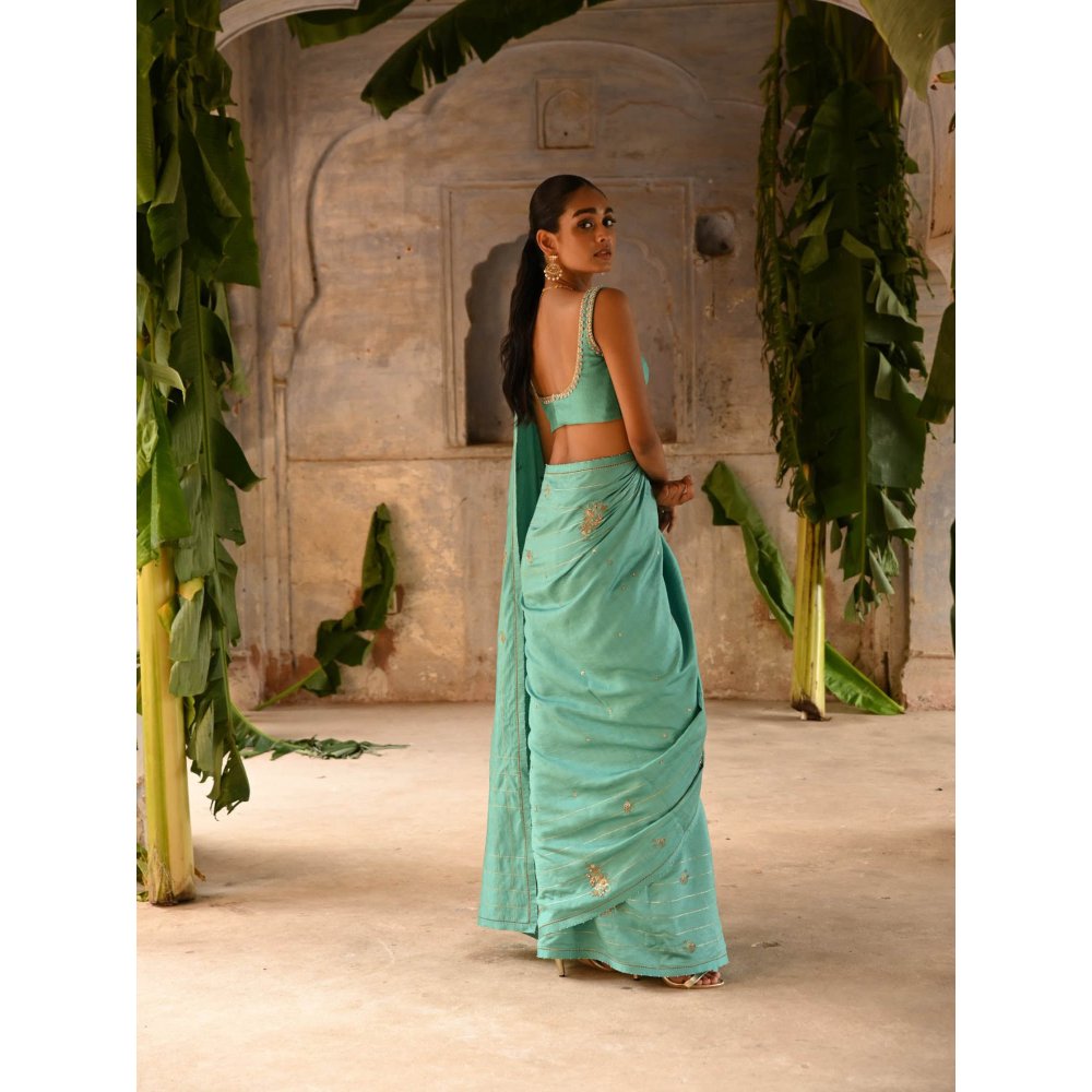DEEPTHEE Powder Blue Hand Embroidered Saree with Stitched Blouse