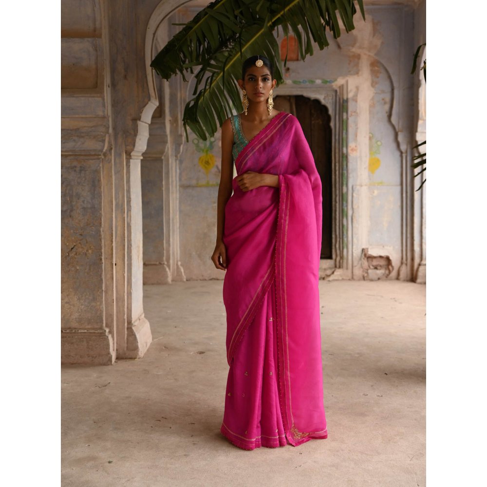 DEEPTHEE Fuchsia Pink Organza Saree with Stitched Blouse