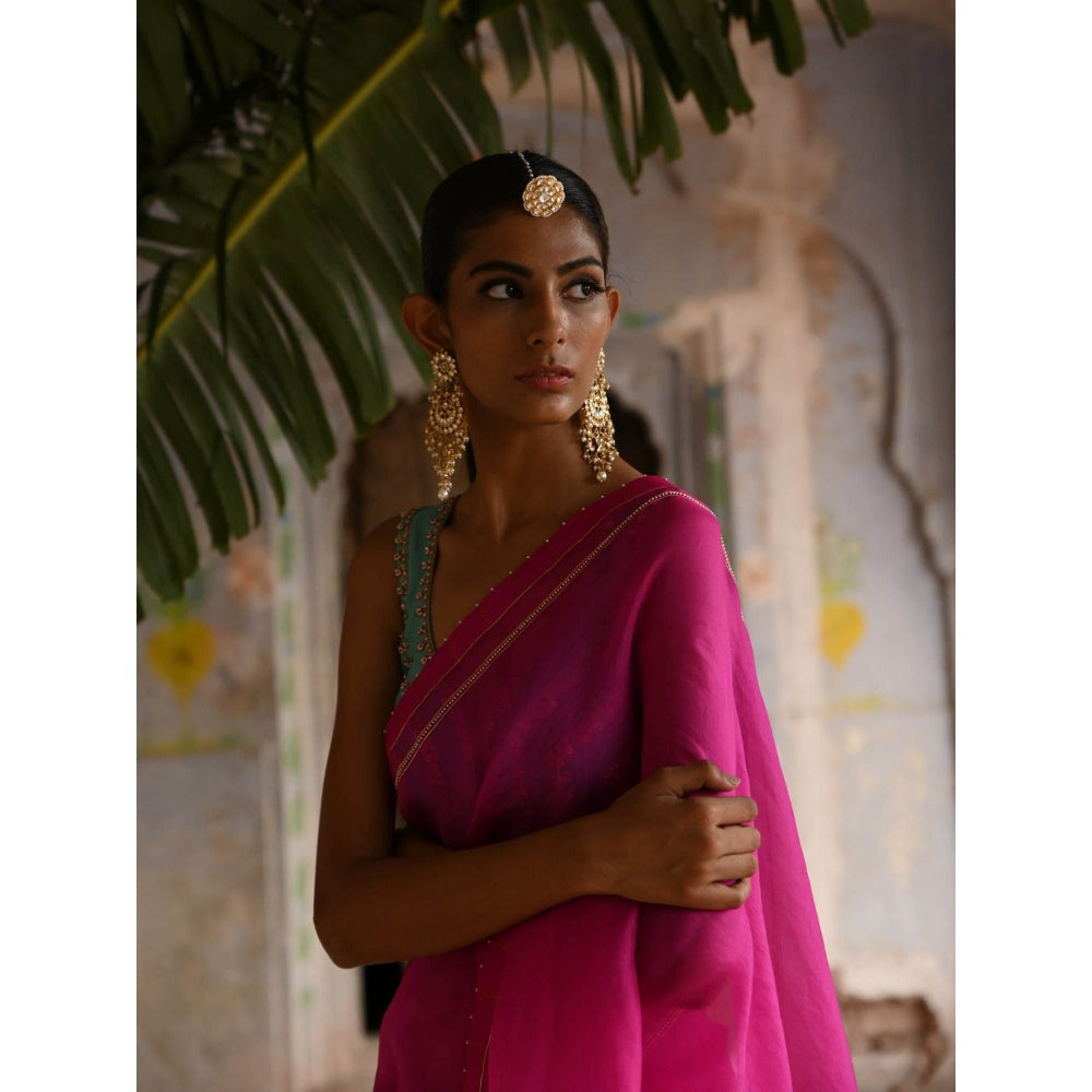 DEEPTHEE Fuchsia Pink Organza Saree with Stitched Blouse