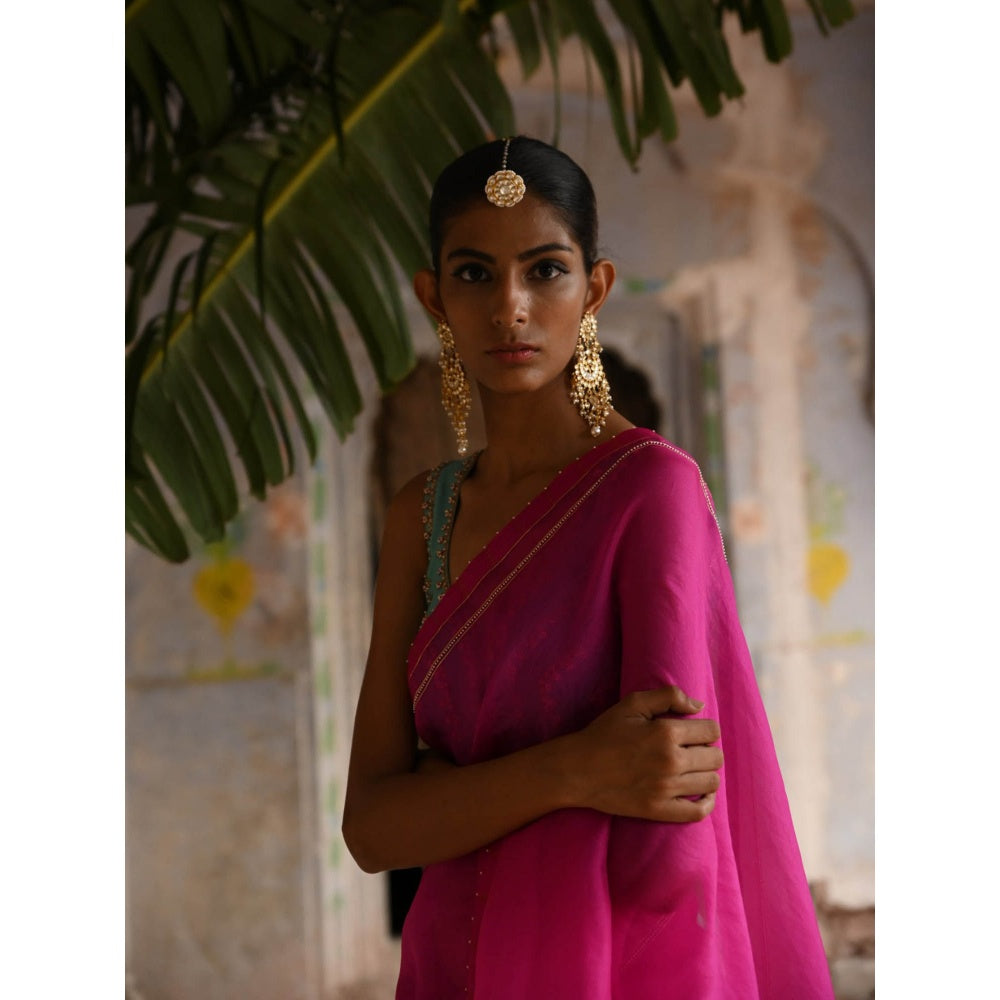 DEEPTHEE Fuchsia Pink Organza Saree with Stitched Blouse