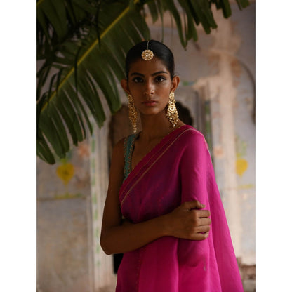 DEEPTHEE Fuchsia Pink Organza Saree with Stitched Blouse