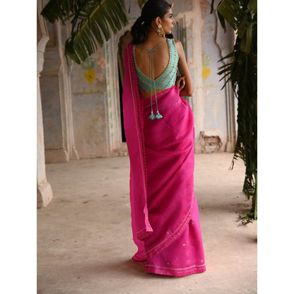 DEEPTHEE Fuchsia Pink Organza Saree with Stitched Blouse