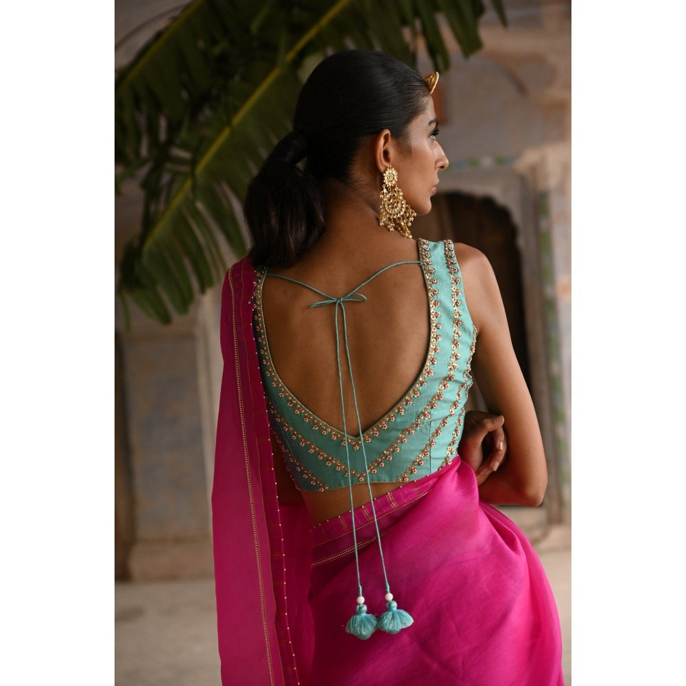 DEEPTHEE Fuchsia Pink Organza Saree with Stitched Blouse
