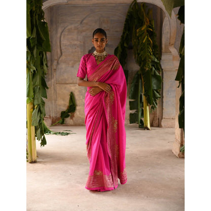 DEEPTHEE Fuchsia Pink Silk Saree with Stitched Blouse