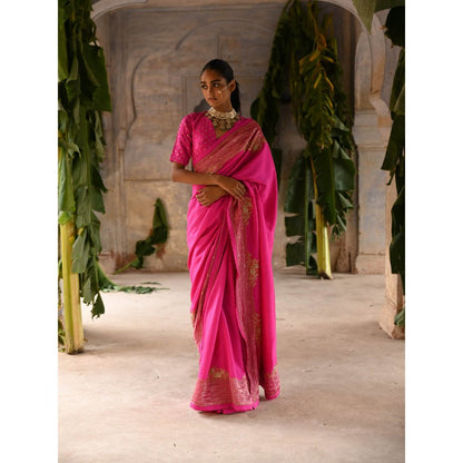 DEEPTHEE Fuchsia Pink Silk Saree with Stitched Blouse