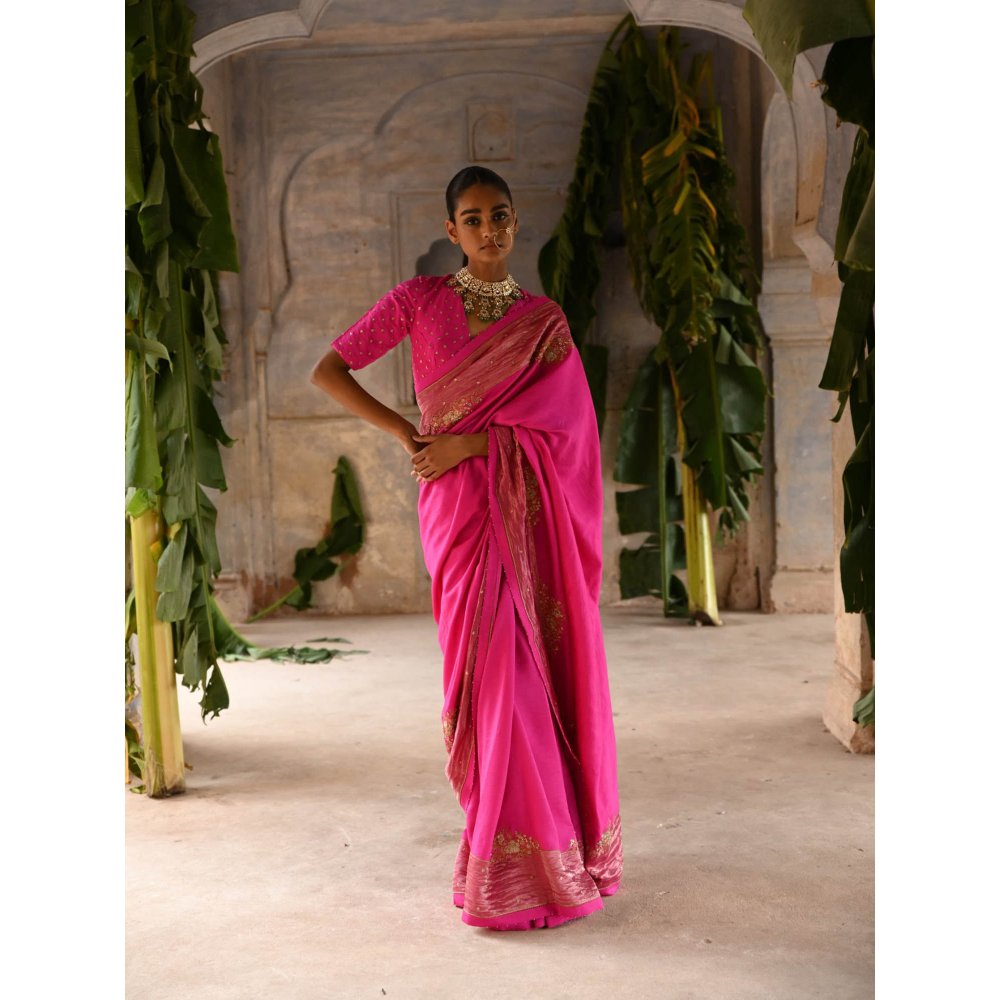 DEEPTHEE Fuchsia Pink Silk Saree with Stitched Blouse