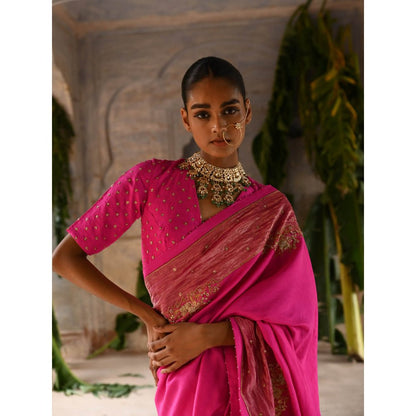 DEEPTHEE Fuchsia Pink Silk Saree with Stitched Blouse