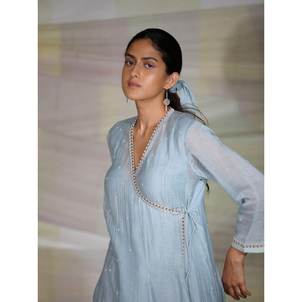 DEEPTHEE Icy Blue Hand Embellished Kalli Angarkha Kurta with Pant & Dupatta (Set of 3)