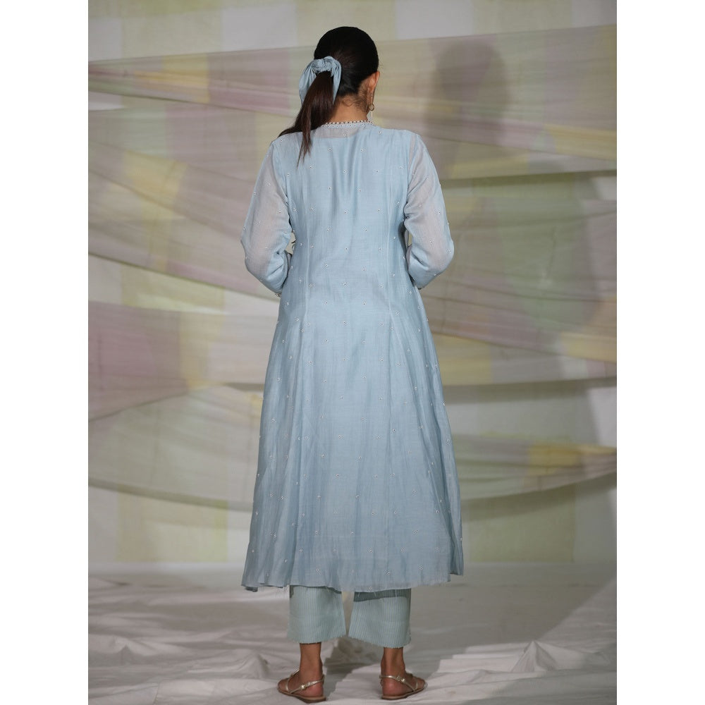 DEEPTHEE Icy Blue Hand Embellished Kalli Angarkha Kurta with Pant & Dupatta (Set of 3)