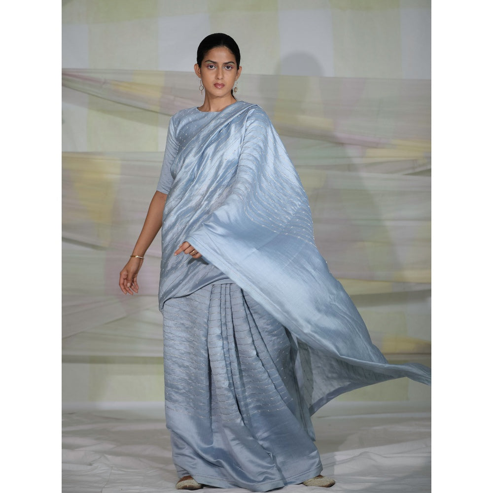 DEEPTHEE Icy Blue Hand Embroidered Ada Line Saree with Stitched Blouse