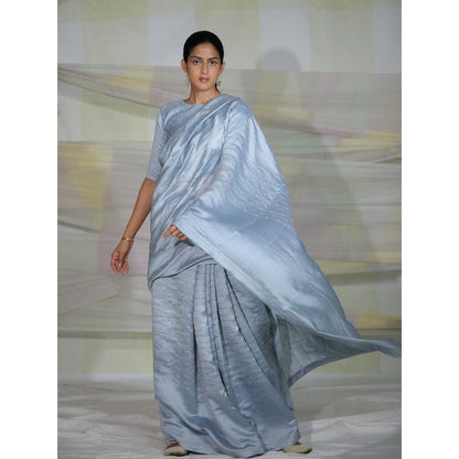 DEEPTHEE Icy Blue Hand Embroidered Ada Line Saree with Stitched Blouse