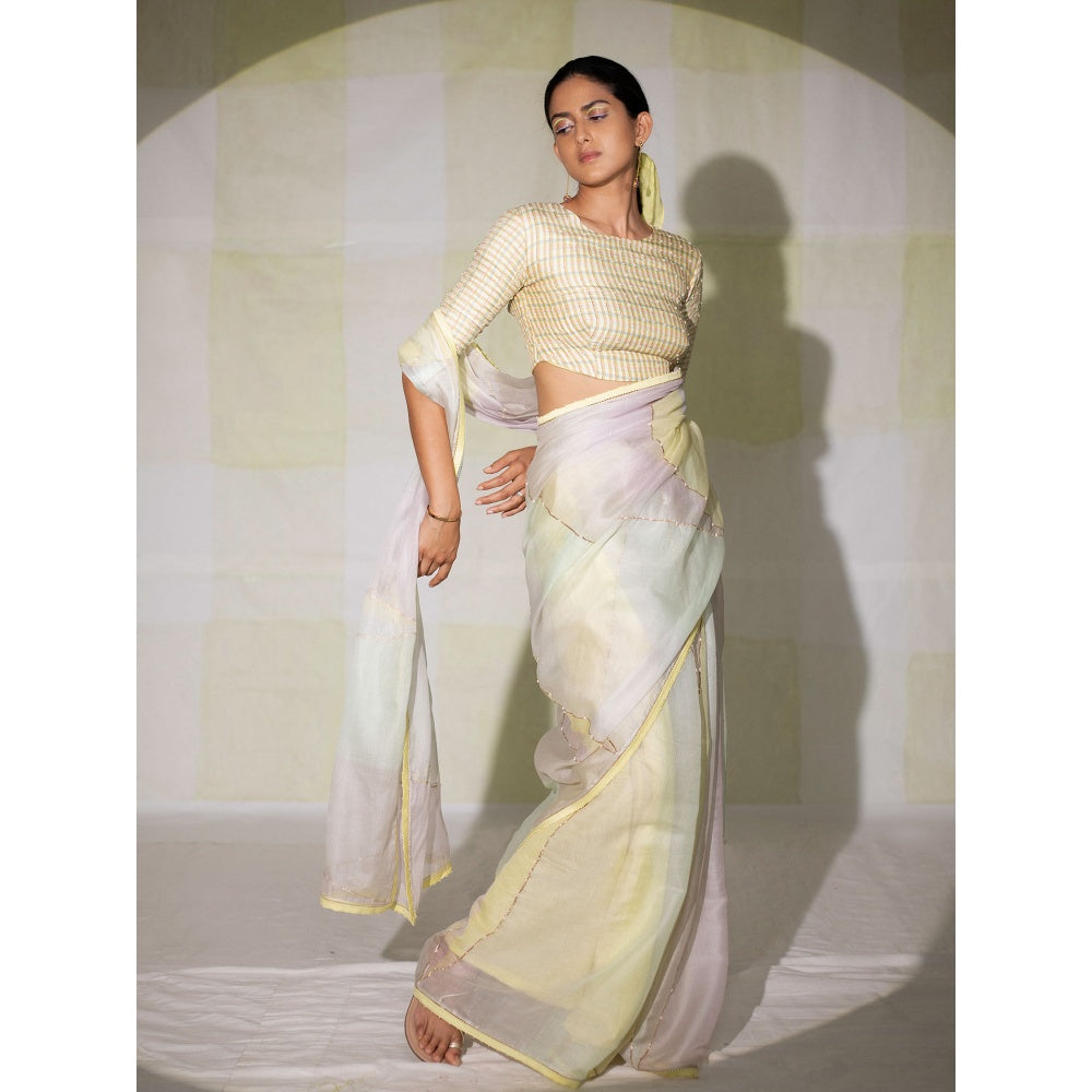 DEEPTHEE Multi Coloured Hand Woven Saree with Checkered Stitched Blouse