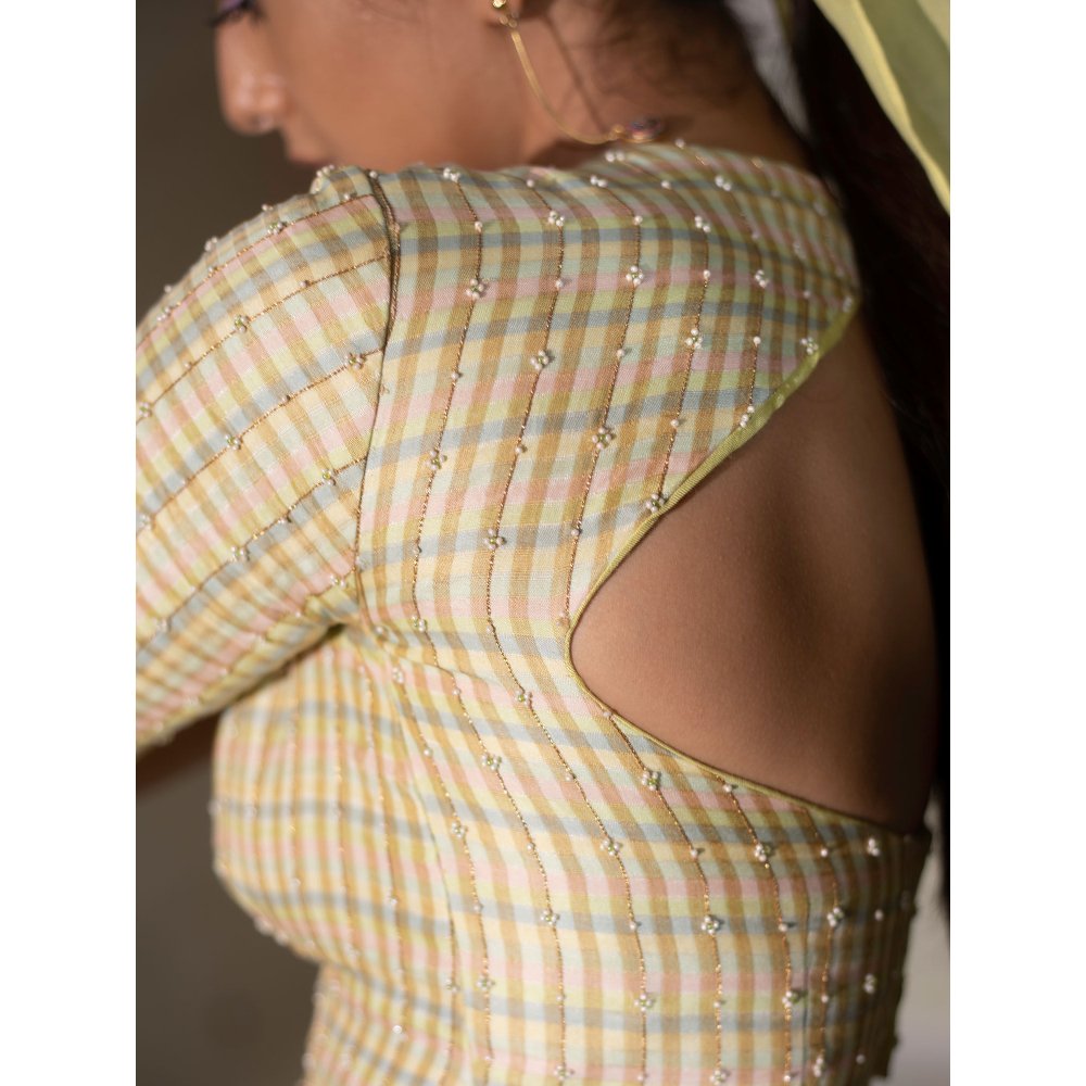 DEEPTHEE Multi Coloured Hand Woven Saree with Checkered Stitched Blouse