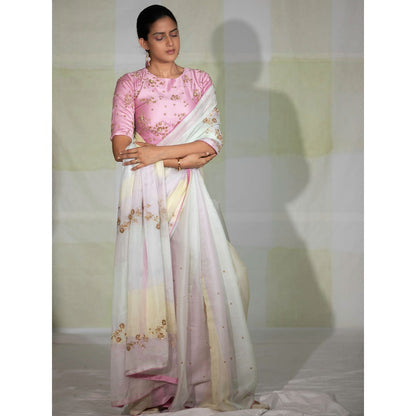 DEEPTHEE Multi Coloured Hand Embellished Saree with Pink Stitched Blouse