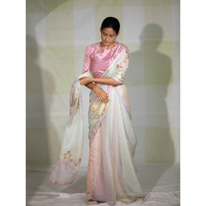 DEEPTHEE Multi Coloured Hand Embellished Saree with Pink Stitched Blouse