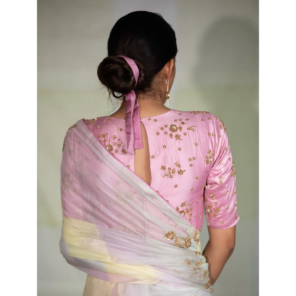 DEEPTHEE Multi Coloured Hand Embellished Saree with Pink Stitched Blouse