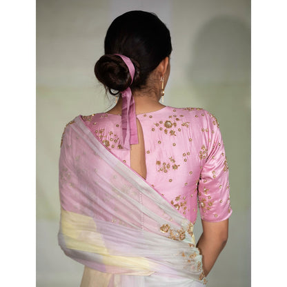 DEEPTHEE Multi Coloured Hand Embellished Saree with Pink Stitched Blouse