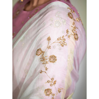 DEEPTHEE Multi Coloured Hand Embellished Saree with Pink Stitched Blouse
