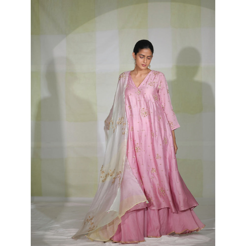 DEEPTHEE Pink Hand Embroidered Side Panel Kurta with Sharara & Dupatta (Set of 3)