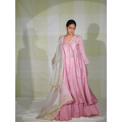 DEEPTHEE Pink Hand Embroidered Side Panel Kurta with Sharara & Dupatta (Set of 3)