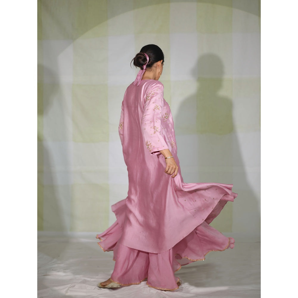 DEEPTHEE Pink Hand Embroidered Side Panel Kurta with Sharara & Dupatta (Set of 3)