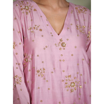 DEEPTHEE Pink Hand Embroidered Side Panel Kurta with Sharara & Dupatta (Set of 3)