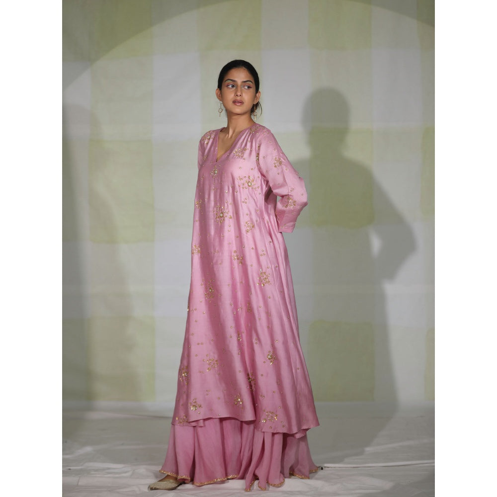 DEEPTHEE Pink Hand Embroidered Side Panel Kurta with Sharara & Dupatta (Set of 3)