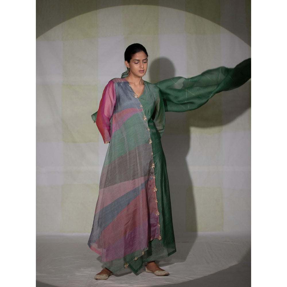 DEEPTHEE Multi Colour Colorblock Phool Guchha Crossover Kurta with Pant & Dupatta (Set of 3)