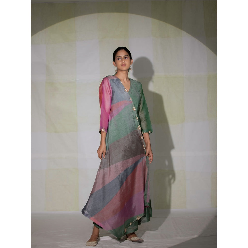 DEEPTHEE Multi Colour Colorblock Phool Guchha Crossover Kurta with Pant & Dupatta (Set of 3)