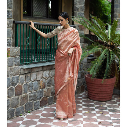 DEEPTHEE Blush Peach Hand Embellished Tissue Silk Saree with Stitched Blouse
