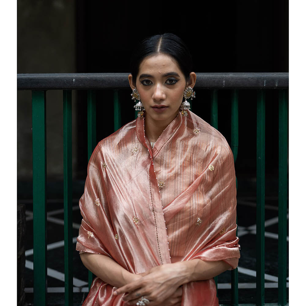 DEEPTHEE Blush Peach Hand Embellished Tissue Silk Saree with Stitched Blouse