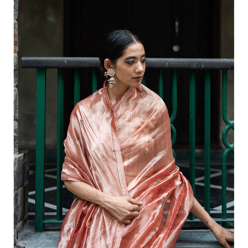 DEEPTHEE Blush Peach Hand Embellished Tissue Silk Saree with Stitched Blouse