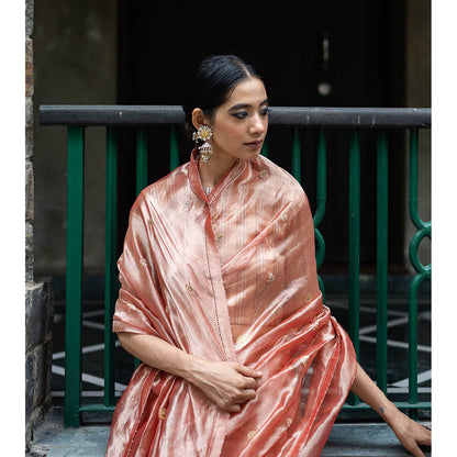 DEEPTHEE Blush Peach Hand Embellished Tissue Silk Saree with Stitched Blouse