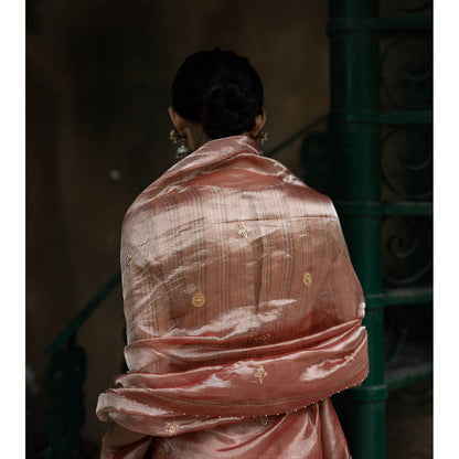 DEEPTHEE Blush Peach Hand Embellished Tissue Silk Saree with Stitched Blouse