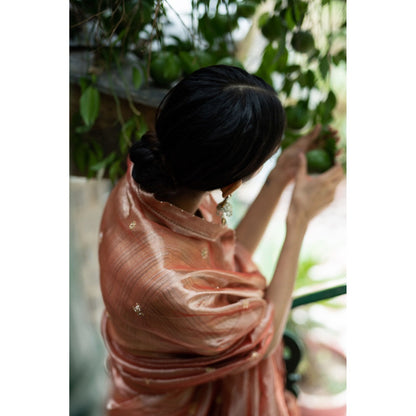 DEEPTHEE Blush Peach Hand Embellished Tissue Silk Saree with Stitched Blouse