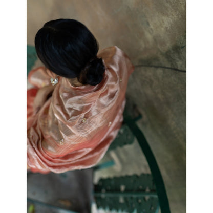 DEEPTHEE Blush Peach Hand Embellished Tissue Silk Saree with Stitched Blouse