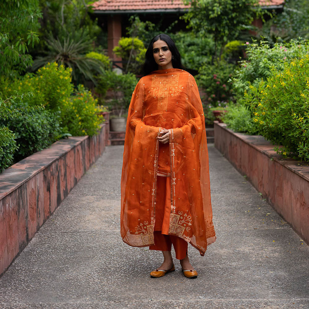 DEEPTHEE Rust Orange Hand Embroidered A-Line Kurta with Pant & Dupatta (Set of 3)