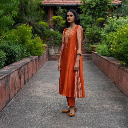 DEEPTHEE Rust Orange Hand Embroidered A-Line Kurta with Pant & Dupatta (Set of 3)