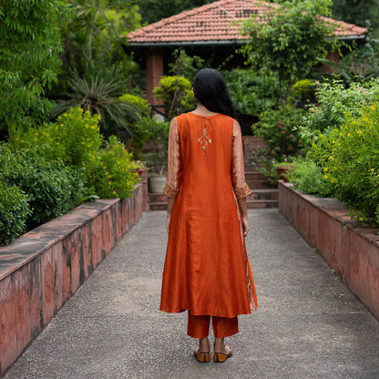 DEEPTHEE Rust Orange Hand Embroidered A-Line Kurta with Pant & Dupatta (Set of 3)