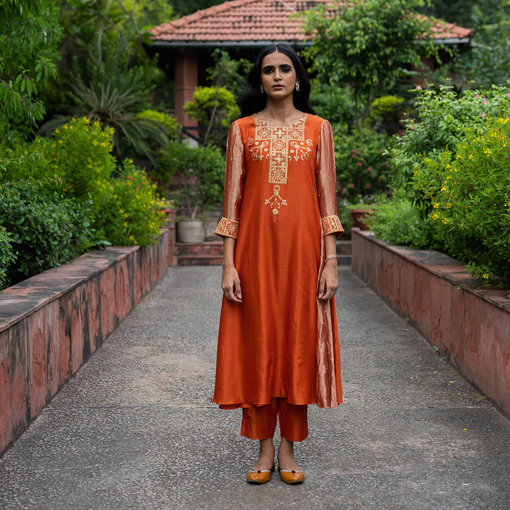 DEEPTHEE Rust Orange Hand Embroidered A-Line Kurta with Pant & Dupatta (Set of 3)