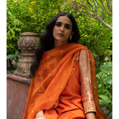 DEEPTHEE Rust Orange Hand Embroidered A-Line Kurta with Pant & Dupatta (Set of 3)