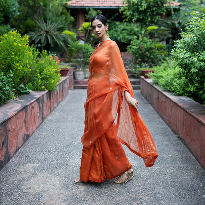 DEEPTHEE Rust Orange Embellished Saree with Stitched Blouse
