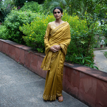 DEEPTHEE Molten Gold Hand Embroidered Saree with Stitched Blouse