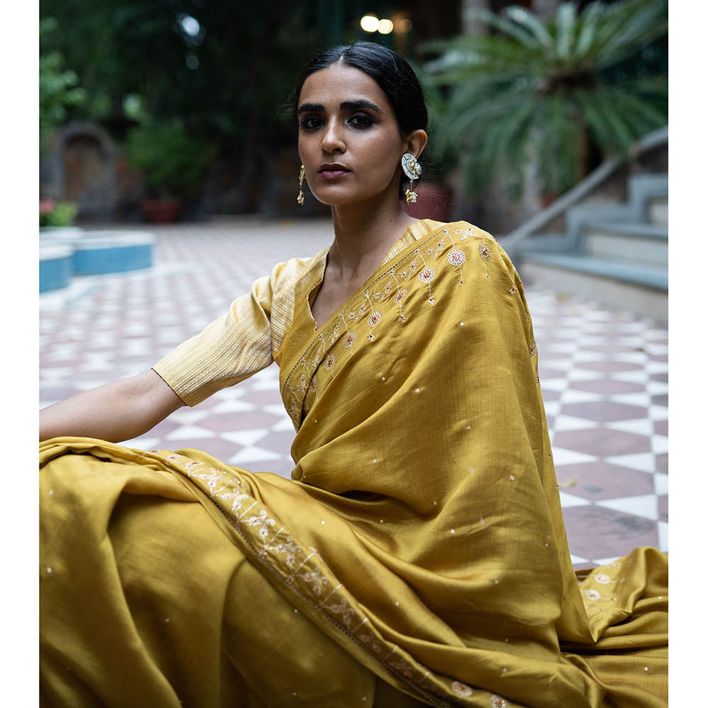 DEEPTHEE Molten Gold Hand Embroidered Saree with Stitched Blouse