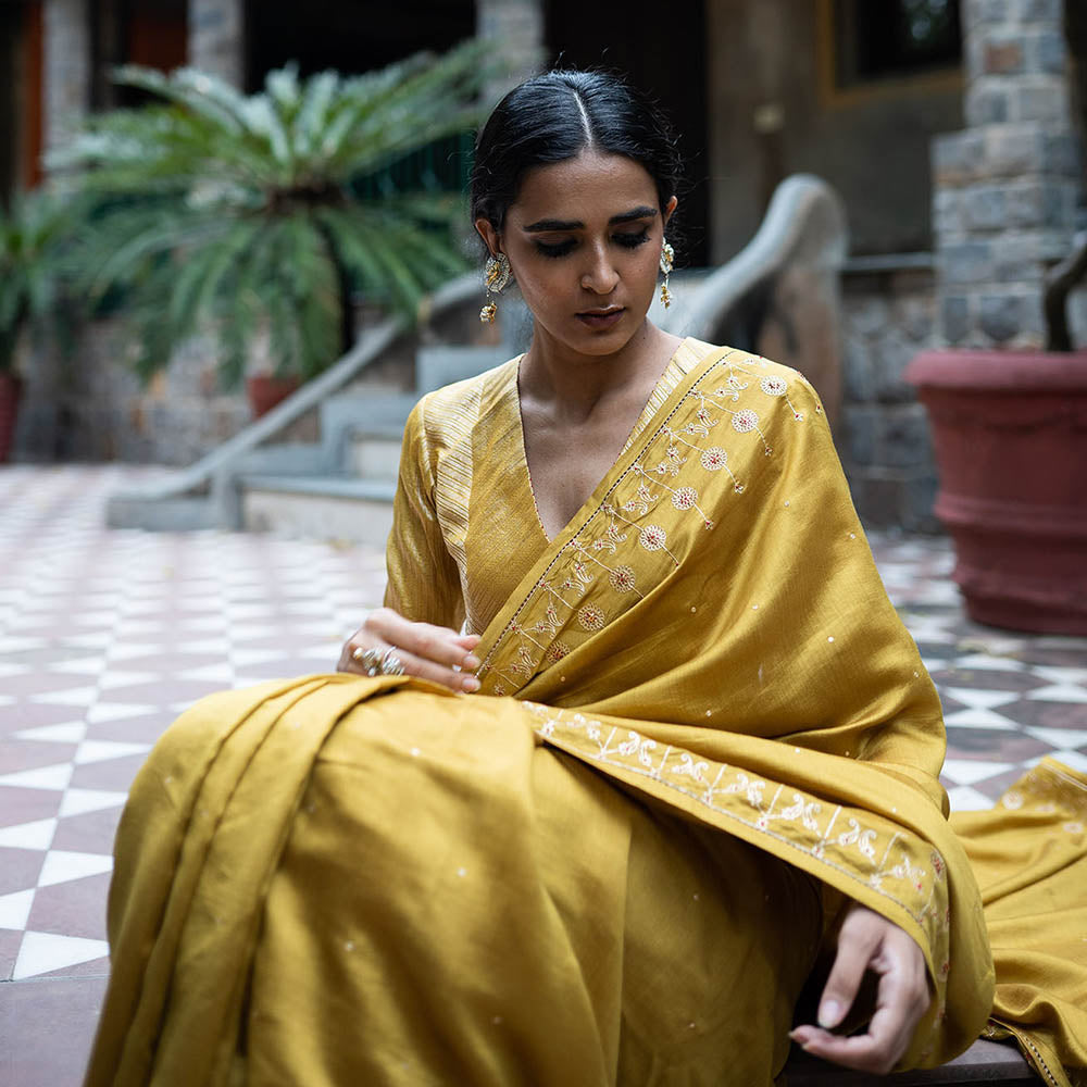 DEEPTHEE Molten Gold Hand Embroidered Saree with Stitched Blouse
