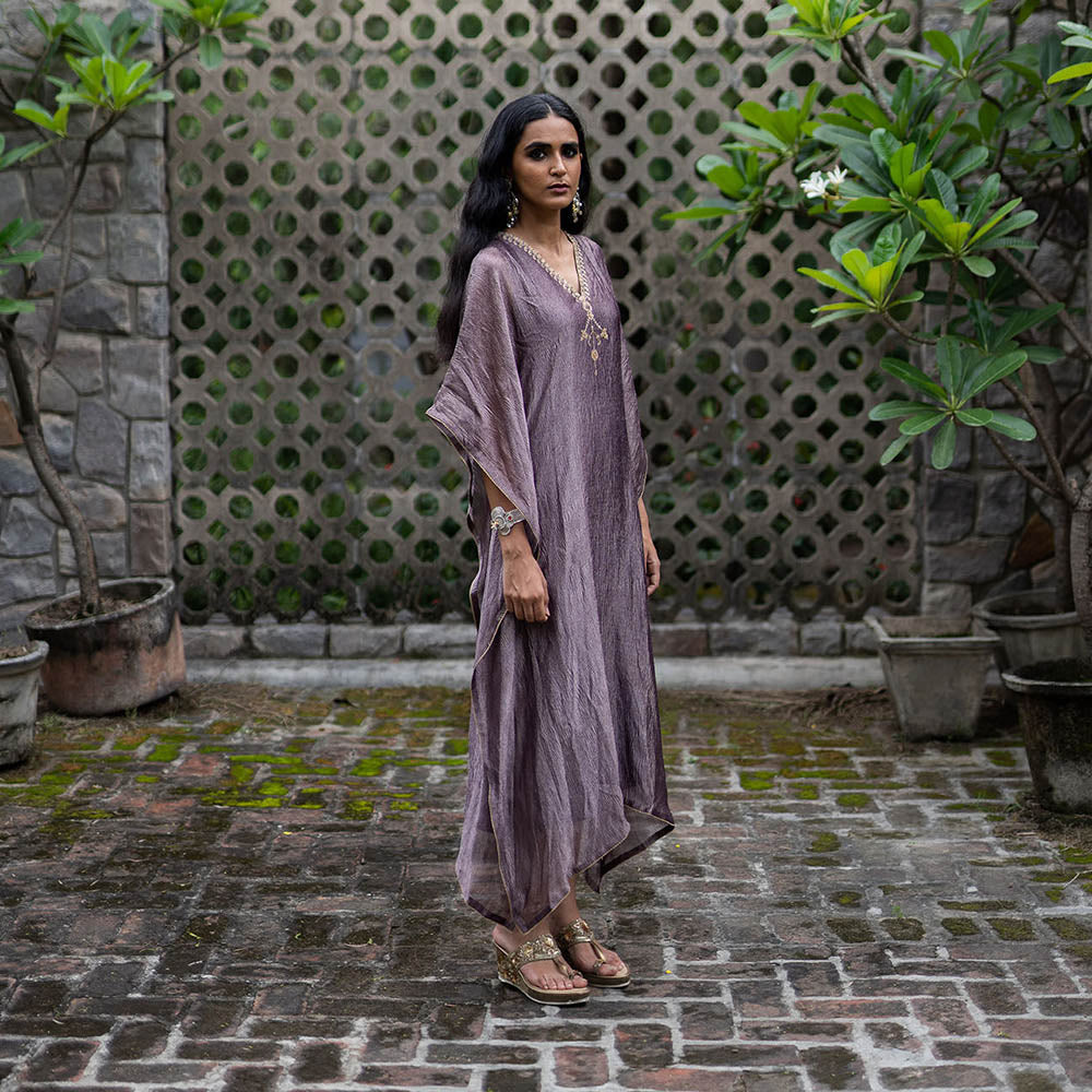 DEEPTHEE Purple Hand Embroidered Metallic Kaftan Dress