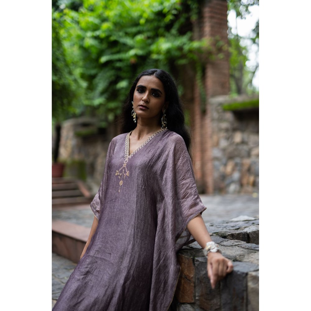 DEEPTHEE Purple Hand Embroidered Metallic Kaftan Dress